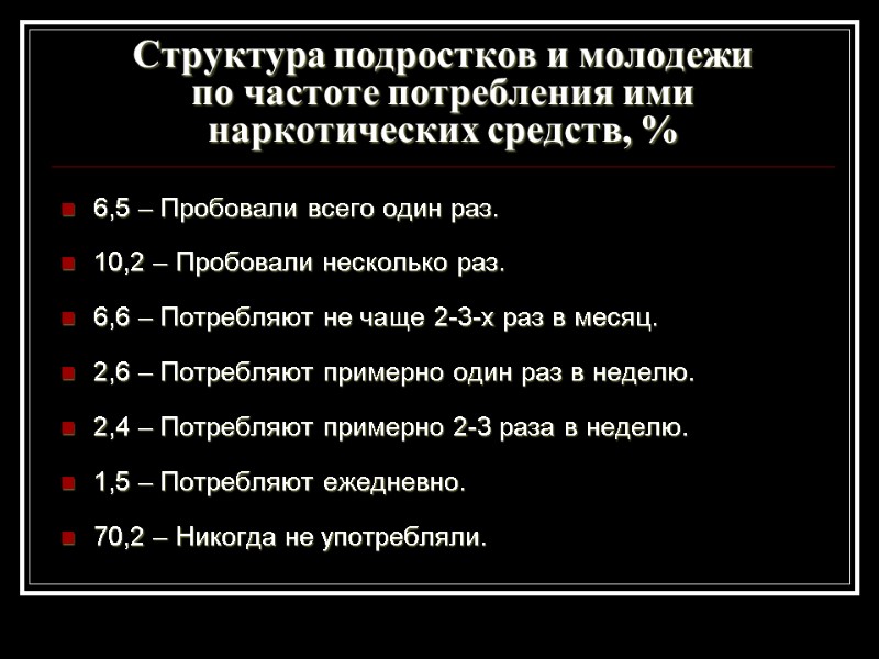 Структура подростков и молодежи  по частоте потребления ими наркотических средств, % 6,5 –